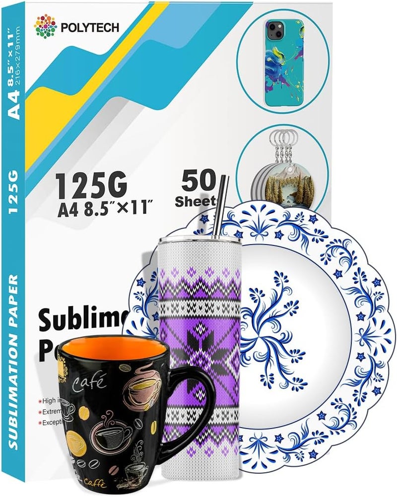 Polytech Sublimation Paper, 8.5x11, 50 Sheets, Heat Transfer Paper for All Sublimiation Blanks, For All Sublimation Printer and Ink, For Tumblers, Magnet Blanks, Ceramic Ornaments, Light T-Shirt,125G - Image 1